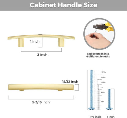 10 Pack Cabinet Handles 3" Hole Center - Curved Cabinet Pulls Brushed Brass Drawer Pulls for Kitchen Cupboard Solid Handles for Dresser Drawer Arch Closet Hardware