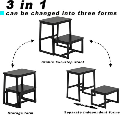 Step Stool for Adults,Holds up to 500Lb,3 in1 Heavy Duty Sturdy Two Step Stool for Kichen/Bathroom/High beds, Wooden&Metal Frame, Non-Slip Pads