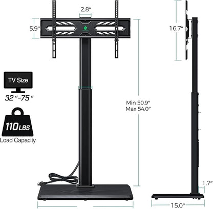 Greenstell TV Stand with Power Outlet, Universal Floor TV Stand for 32-75 inch TVs, Height Adjustable, Swivel Tall TV Mount Stand with Wood Base, Holds up to 110 LBs, Max VESA 600x400mm