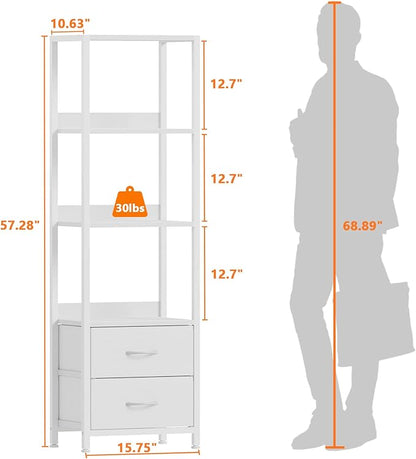 Furnulem 4-Tier Corner Shelf, Bookshelf with 2 Storage Drawers, 57.28”Tall Narrow Bookcase, Standing Shelf Organizer Unit for Living Room, Bedroom, Metal Frame, Wood Display Shelf