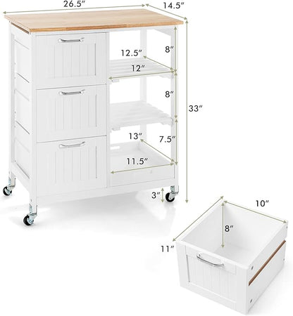 COSTWAY Kitchen Storage Island Cart on Wheels, Kitchen Rolling Trolley Cart with 3 Drawers and Shelves, 360° Wheels & Detachable Tray, Kitchen Island for Dining Room, Living Room & Bedroom