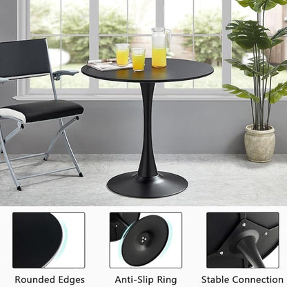 23.4" Tulip Dining Table, Black, Perfect for 2-4 People, Mid-Century Modern Style, Round MDF Top with Sturdy Base for Dining Room, Living Room, Cafe