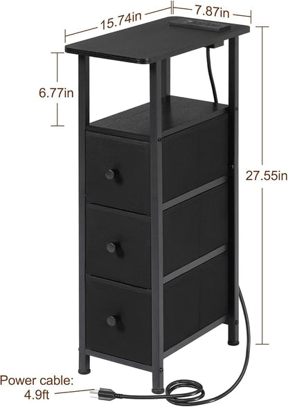 Narrow End Tables Living Room Set of 2 with Charging Station, Skinny Side Table with Fabric Drawers, Slim LED Nightstand for Bedroom, Small Spaces, Couch, Black, HETNDP03LBK