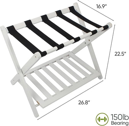 2 Packs Fully Assembled White Luggage Racks with Shoe Shelf, Folding Suitcase Stand with 5 Straps, Wooden Luggage Stand Ideal for Guest Room, Bedroom, Hotel