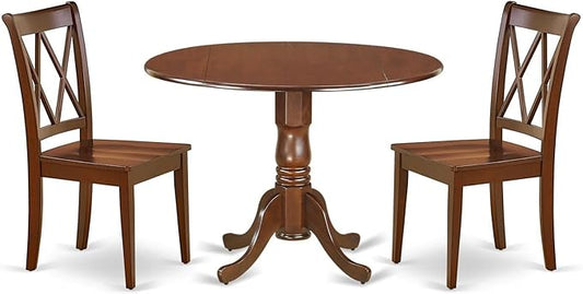 East West Furniture DLCL3-MAH-W 3 Piece Dining Table Set for Small Spaces Contains a Round Dining Room Table with Dropleaf and 2 Wooden Seat Chairs, 42x42 Inch, Mahogany