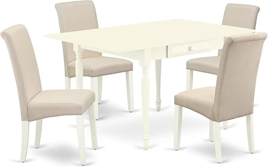 East West Furniture MZBA5-LWH-01 5 Piece Dinette Set Includes a Rectangle Dining Room Table with Dropleaf and 4 Cream Linen Fabric Upholstered Parson Chairs, 36x54 Inch, Linen White