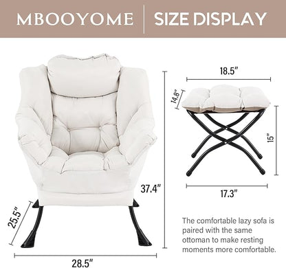 Lazy Chair with Folding Ottoman, Modern Accent Lounge Armchair with Armrests and a Side Pocket & Foldable Footstool, Leisure Reading Chair for Living Room, Bedroom, Dorm & Office, Beige