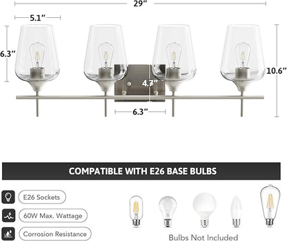 VONLUCE Bathroom Vanity Light, 4 Light Bathroom Light Fixture Over Mirror, Bathroom Wall Lamp with Clear Glass, Modern Brushed Nickel Vanity Lighting fixtures for Bathroom, Bedroom, Hallway