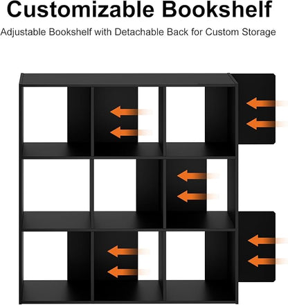 Sweetcrispy 9 Cube Storage Organizer - Open Cube Bookshelf with 5 Removable Back Panels, Display Storage Bookcase for Living Room, Bedroom, Entrance Hall, Home Office，36" L×11.6" W×36" H, Black