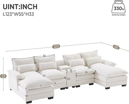 Merax U-Shaped Sectional Sofa with Cupholders, Console and USB Charging Ports, 6-seat Chenille Upholstered Sleeper Couch with Symmetrical Chaise for Living Room, Apartment, 123", White