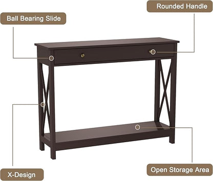 Treocho Black Console Table with Drawer and Storage Shelves, Foyer Sofa Table Narrow for Entryway, Living Room, Hallway