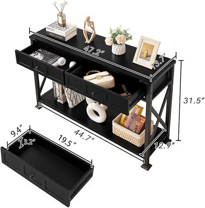 HOMBAZAAR Entryway Table,Rustic Console Table with 2 Drawers, Industrial Console Tables with Storage for Entryway, Hallway, Living Room,Black,47 Inch