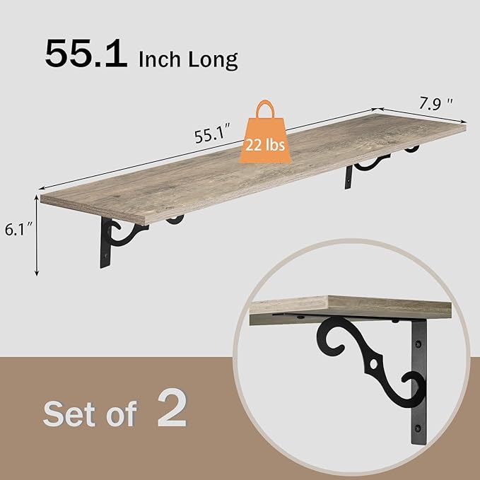 DINZI LVJ Long Wall Shelves, 55.1" Large Floating Shelves Set of 2, Wide Display Shelf Wall Mounted with Brackets, Easy Hanging for Living Room, Toilet, Office, Bedroom, Gray Wash