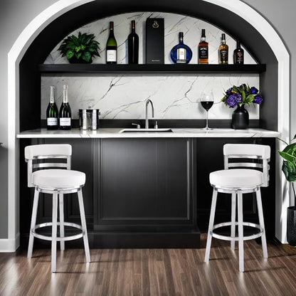 Armen Living Madrid 30" Seat Height Swivel White Faux Leather and Brushed Stainless Steel Bar Stool for Kitchen Island Counter