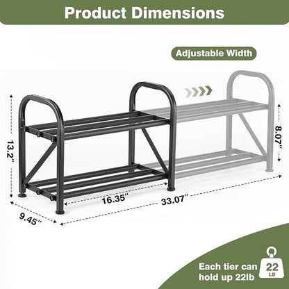 2-Tier Shoe Rack for Closet, 16"-33" Expandable ShoeRack, Adjustable for Entryway Closet Doorway SturdyMetal, Black