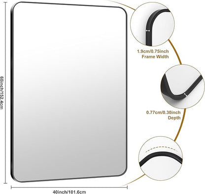 KOCUUY Black Bathroom Mirror 60"x40", Large Vanity Mirror with Rounded Corner, Metal Black Frame with Mordern Design for Bathroom, Living Room, Entryway, Hang Horizontal/Vertical