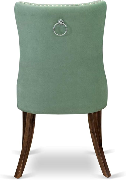 LEDA9-AWA-22 9-Piece Modern Dining Table Set Includes a Kitchen Table and 8 Willow Green Polyester Fabric Dinner Chairs with Button Tufted Back - Antique Walnut Finish