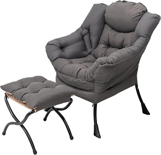 Lazy Chair and Ottoman, Large Accent Lounge Chair with Armrests and a Side Pocket, Modern Leisure Upholstered Sofa Reading Armchair with Footrest for Bedroom, Living Room, Dorm Rooms, Office
