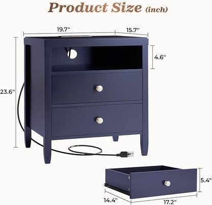 Huuger Blue Nightstand Set of 2, Night Stand with Charger Station, Bedside Table with 2 Drawers, Bed Side Tables for Bedroom, Modern Nightstands, Metal Knobs, Painted Surface