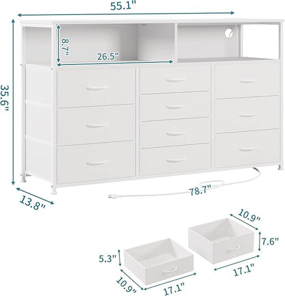 55W 10-Drawers Dresser with 2 Open Storage Shelves, TV Stand Dresser for 55,65 inch TV，with Power Outlets and LED Lights, Fabric Dressers Drawers for Bedroom, Living Room (White)