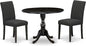 East West Furniture DMAB3-ABK-24 3 Piece Modern Dining Table Set Contains a Round Wooden Table with Dropleaf and 2 Black Color Linen Fabric Upholstered Chairs, 42x42 Inch, Wirebrushed Black