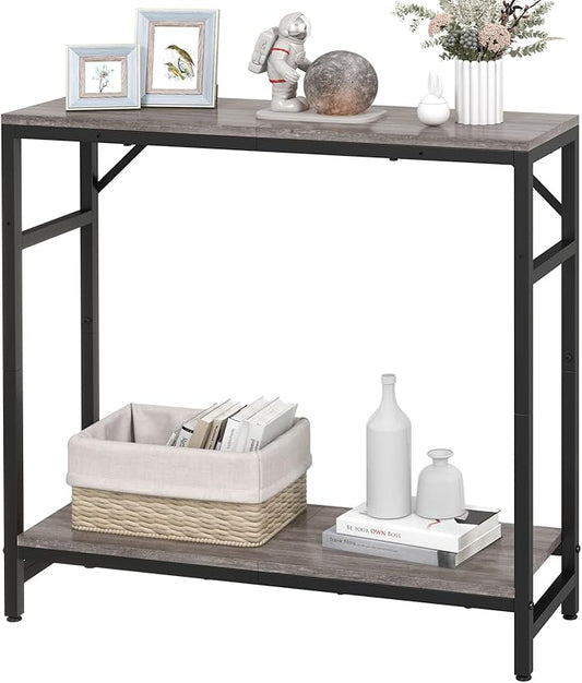 Narrow Console Table, 2 Tier Entryway Table, Thin Sofa Table, Industrial Couch Table with 2 Support Bar, Small Side Tables for Living Room, Bedroom, Hallway, Foyer, Grey
