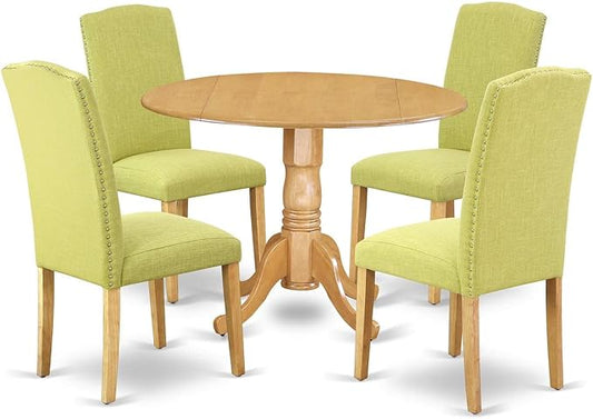East West Furniture DLEN5-OAK-07 5 Piece Kitchen Table & Chairs Set Includes a Round Dining Table with Dropleaf and 4 Limelight Linen Fabric Parson Dining Chairs, 42x42 Inch, Oak