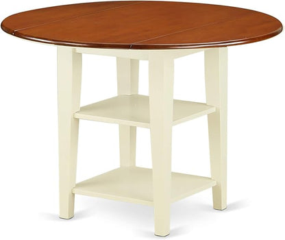 East West Furniture SUPL5-BMK-C 5 Piece Dining Room Furniture Set Includes a Round Kitchen Table with Dropleaf & Shelves and 4 Linen Fabric Upholstered Chairs, 42x42 Inch, Buttermilk & Cherry
