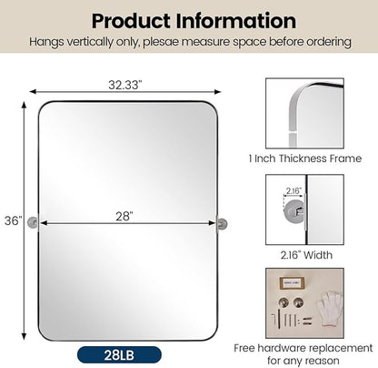MOON MIRROR Chrome Pivot Rectangle Bathroom Mirror, Modern Tilt Rounded Rectangular Pivoting Vanity Mirrors for Wall, Stainless Steel Metal Polish Frame, Overall 32.33 x 36 in (Mirror 28x 36 in)