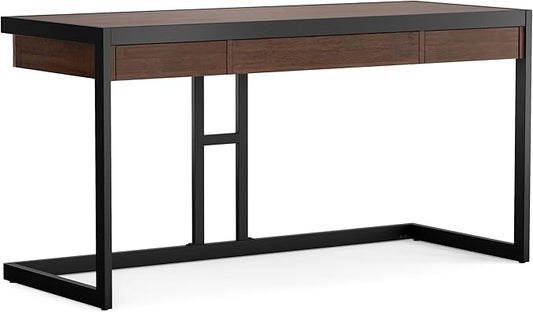 SIMPLIHOME Erina Desk - 60-Inch Wide Solid Acacia Wood and Metal Writing Desk in Distressed Charcoal Brown, Modern Industrial Home Office Computer Table for Study with 2 Drawers and Keyboard Tray