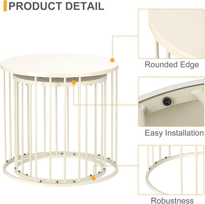 LEWIS&WAYNE Outdoor Side Table Set of 2, Metal Circle Accent End Tables for Balcony Backyard Garden Indoor Living Room, Durable Nesting Coffee Tables, 20”+16” Dia, White