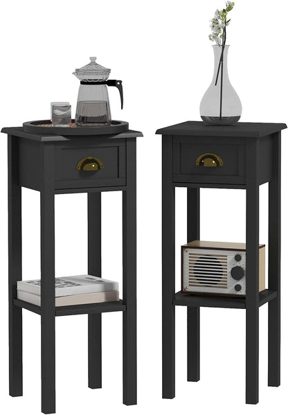 HOMCOM 2-Tier Side Table with Drawer, Narrow End Table with Bottom Shelf, for Living Room, Set of 2, Black