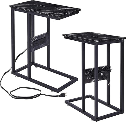VECELO C Shaped End Side Table with Charging Station & Power Outlets for Couch Sofa/Bed, Snack TV Tray with Metal Frame for Living Room Bedroom 2 Set, Black Marble