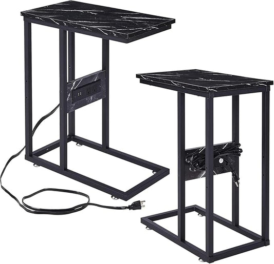 VECELO C Shaped End Side Table with Charging Station & Power Outlets for Couch Sofa/Bed, Snack TV Tray with Metal Frame for Living Room Bedroom 2 Set, Black Marble
