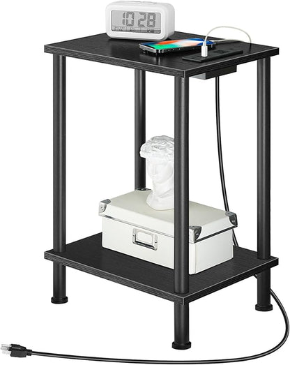 HOOBRO Side Table with Charging Station, End Table with USB Port and Outlets, Nightstand with 2-Layer Storage Shelves for Small Spaces, Living Room, Bedroom, Black BK09UBZ01