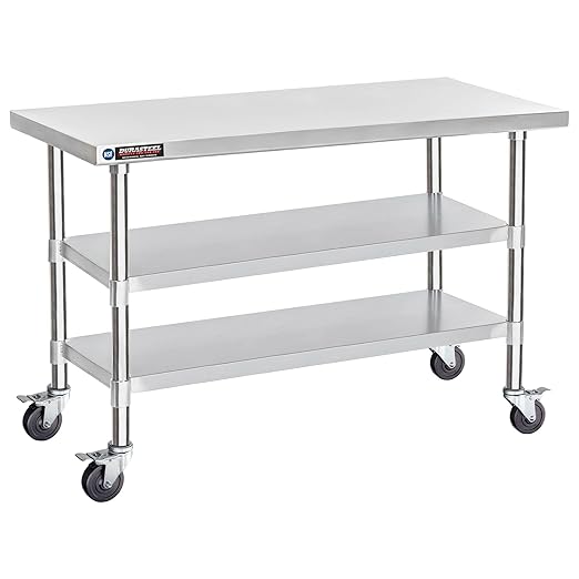 DuraSteel Stainless Steel Work Table 30" x 60" x 34" Height w/ 4 Caster Wheels - Food Prep Commercial Grade Worktable - NSF Certified - Good for Restaurant, Business, Warehouse, Home, Kitchen, Garage