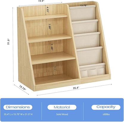 Kids Bookshelf and Toy Storage Organizer, 4 Tier Wooden Kids Book Shelf with Sling Book Rack in Kids Room Playroom Nursery for Kids, Children, Toddlers
