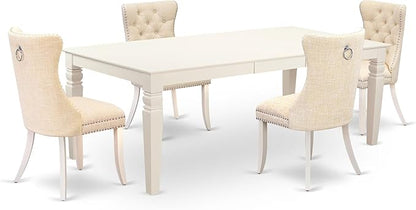 East West Furniture LGDA5-LWH-32 5 Piece Dining Table Set Includes a Rectangle Wooden Table with Butterfly Leaf and 4 Polyester Fabric Upholstered Chairs, 42x84 Inch, linen white