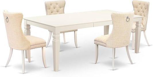 East West Furniture LGDA5-LWH-32 5 Piece Dining Table Set Includes a Rectangle Wooden Table with Butterfly Leaf and 4 Polyester Fabric Upholstered Chairs, 42x84 Inch, linen white