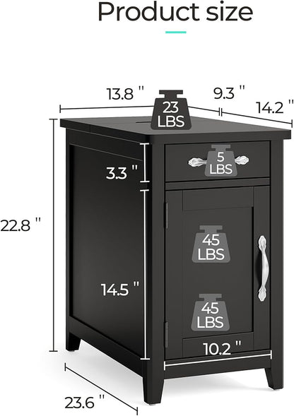 LINSY HOME End Table Set of 2 with Charging Station, Modern Farmhouse Sofa Couch Side Table, Wooden Bedside Table for Living Room Bedroom, Narrow Nightstand with Storage for Small Space, Black