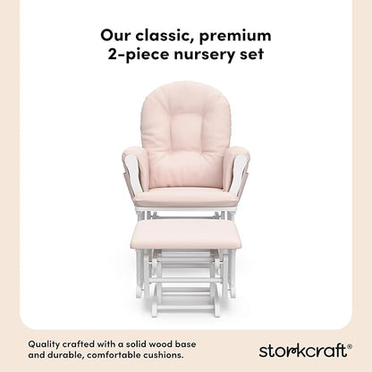 Storkcraft Premium Hoop Glider & Ottoman (White/Pink) — GREENGUARD Gold Certified Nursery Glider, Solid Wood Craftsmanship, Smooth-Gliding Nursery Chair and Ottoman, Award-Winning