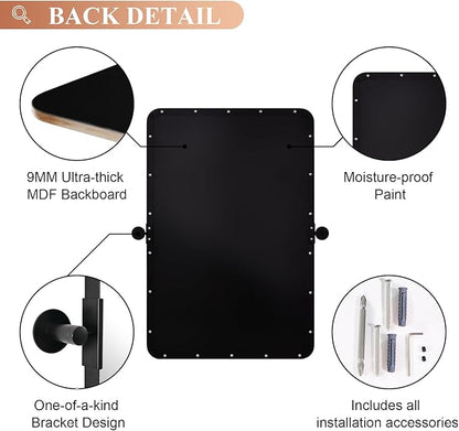 MOON MIRROR 20" x 28" Black Metal Framed Pivot Rectangle Bathroom Mirror, Tilting Rounded Rectangular Vanity Mirror for Wall Mounted Hangs Vertical only