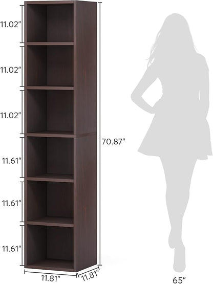 LITTLE TREE 70.9 Inch Tall Narrow Bookcase, Corner Bookshelf 6 Tier Cube Display Shelf Storage Organizer for Small Space, Brown