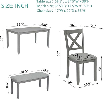 KEIKI 6-Piece Standard Height Dining Table Set with Rectangular Table, 4 Upholstered X-Shaped Backrset Chair, Bench, for 6 Person, Modern Style Table Set, Easy Assembly, for Kitchen, Dining Room, Gray