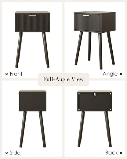 Night Stand, Black Nightstand with Fluted Door, Small Modern Mid-Century Bedside Table for Bedroom, End Table for Living Room