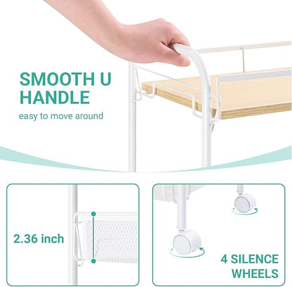 KINGRACK 4-Tier Rolling Cart,Metal Utility Cart with Wooden Tabletop,Easy Assemble Mobile Storage Trolley On Wheels,Craft Storage Cart for Bedroom Kid's Room Office Kitchen Bathroom,White