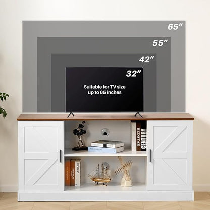 HollyHOME Farmhouse TV Stand for Televisions up to 65”, Wood Entertainment Center with Storage Cabinets and Adjustable Shelves, Media TV Console Table for Living Room and Bedroom, White