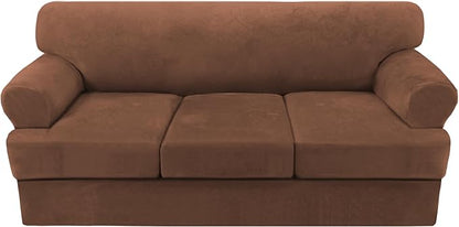 H.VERSAILTEX Thick Velvet Sofa Cover - 4 Piece T Cushion Slipcover Set for 3 Cushion Couch - Stretch, Washable, Caramel