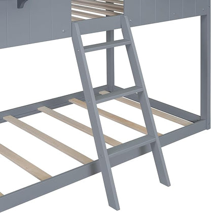 Ball & Cast Twin Over Twin Size Playhouse Bunk Bed with Roof and Window,Wood Bunkbed w/Full-Length Guard Rail & Ladder,Slat Support,Space Saving,Bedroom Furniture for Student Dorms,Gray