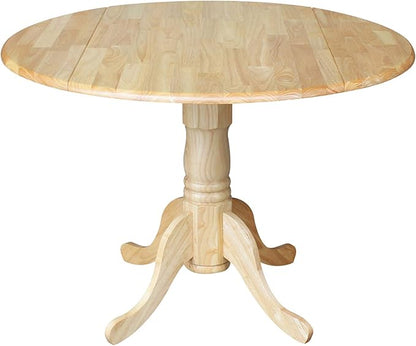 IC International Concepts, 42" Round Dual Drop Leaf Pedestal Dining Table, Solid Real Wood, Sturdy Parawood, Natural